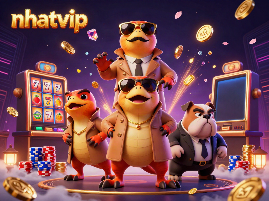 Nhatvip raptors humorously posing to enter a VIP casino lounge amidst flying coins and slot reels.