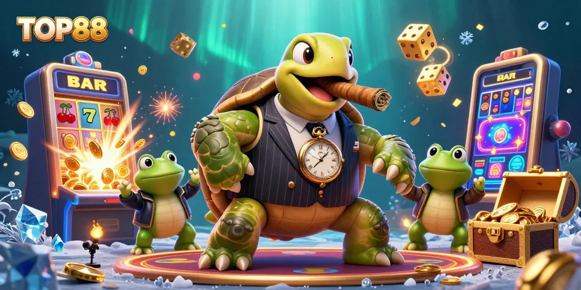 Experience the excitement of TOP88, featuring a turtle mobster and dynamic casino elements in an engaging scene.