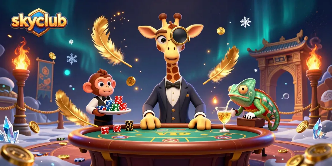 Experience skyclub with a high-roller giraffe, monkey valet, and chameleon bartender in a vibrant casino scene.