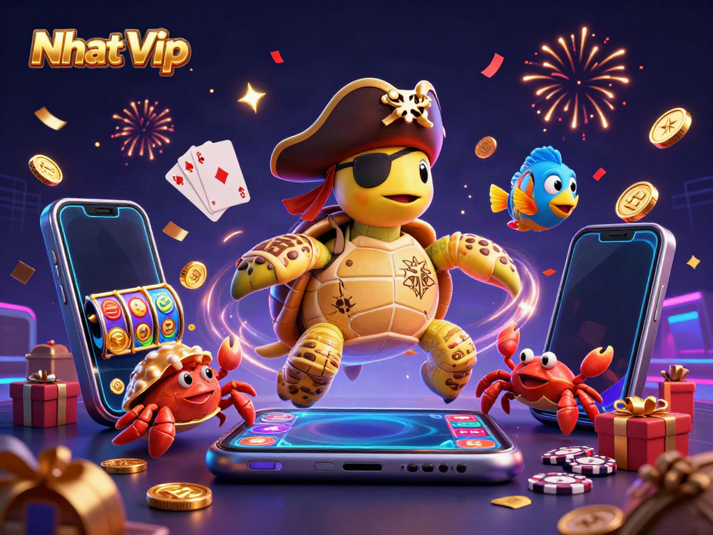 Nhat Vip showcasing an exciting treasure scene with a pirate turtle, crab, and fish amidst casino elements.