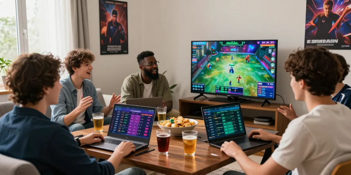 Exciting esportiva bet online scene with friends betting on esports, showcasing vibrant atmosphere and live tournament.