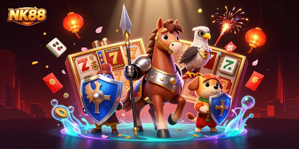 Experience the thrill of NK88 casino with slot reels, jackpots, and vibrant characters.
