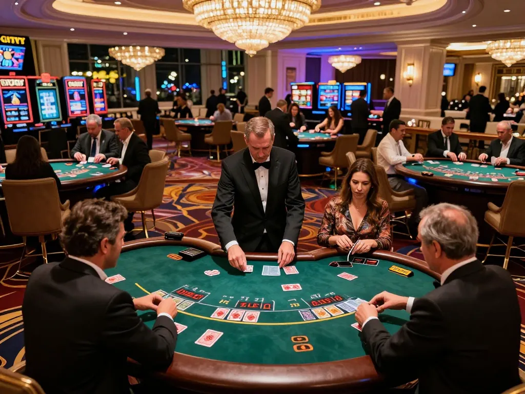 Players engaging at Vipwin blackjack tables in an upscale casino, showcasing dynamic gameplay and an exciting atmosphere.