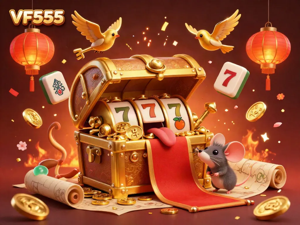 Engage with VF555's captivating casino scene filled with treasure chests, slots, and festive elements.