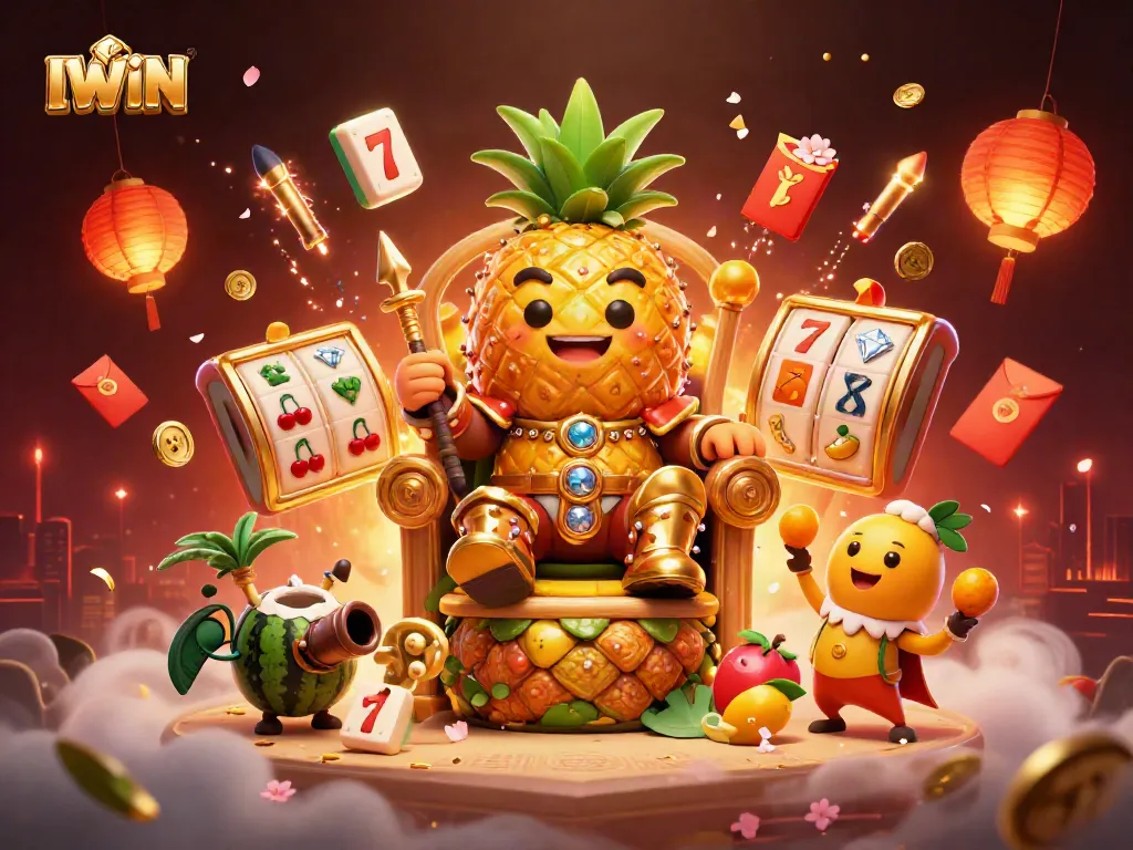 Experience IWIN's vibrant beach casino world with a golden pineapple king and dynamic gameplay elements.
