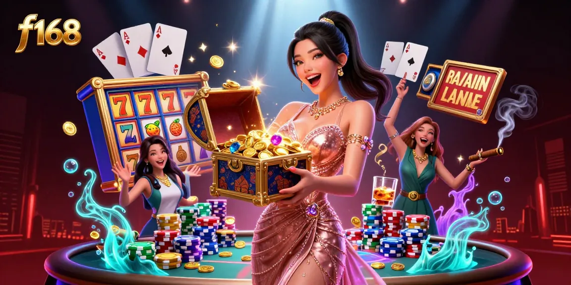 Engage with f168's thrilling slots, featuring a joyful character showcasing treasure amidst exciting game elements.