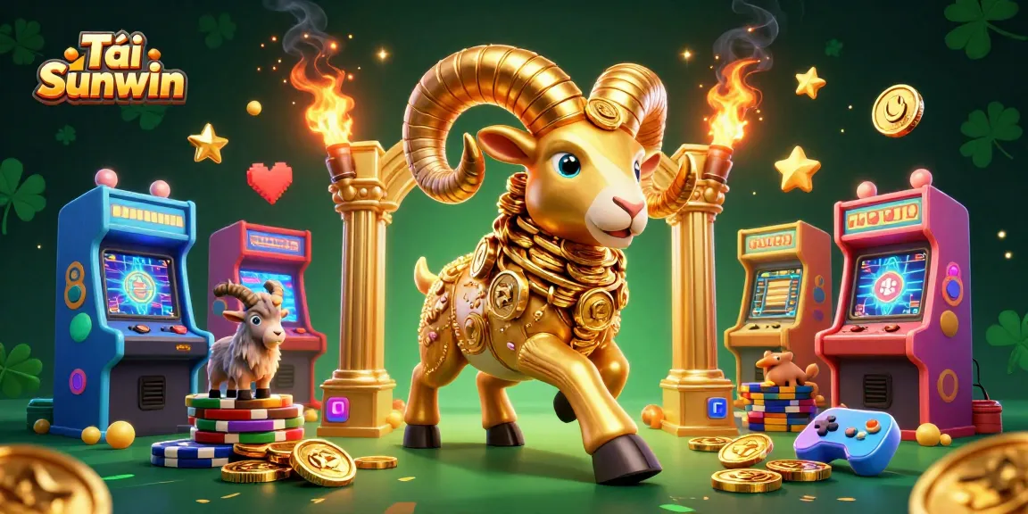 Tải Sunwin features a stunning 3D illustration showcasing golden game elements and vibrant arcade aesthetics.