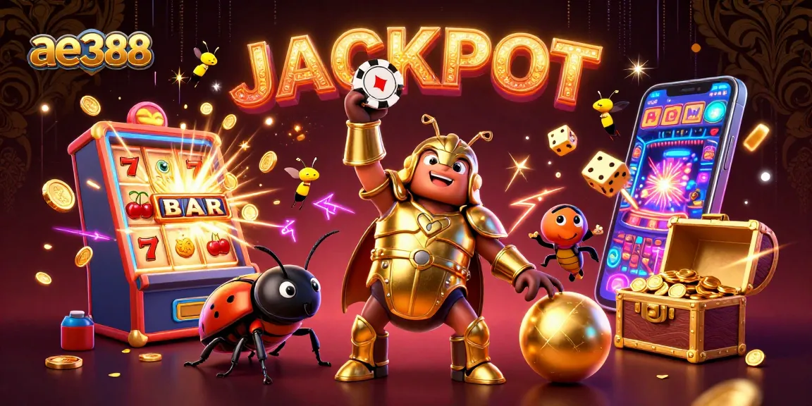 Join ae388 in a vibrant jackpot celebration with a winning beetle in golden armor, surrounded by exciting casino elements.