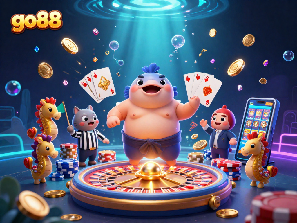 Experience thrilling gaming excitement at go88 with this vibrant underwater casino scene featuring a fugu sumo wrestler.