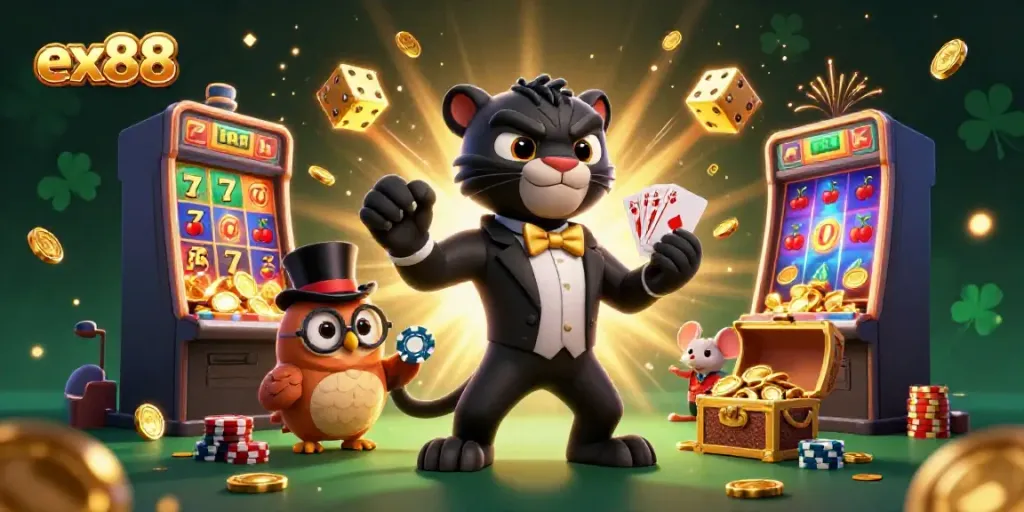 Experience the thrill of ex88 casino with a stylish black panther dealer, lucky owl, and cheerful mouse amidst dynamic slot machine explosions.