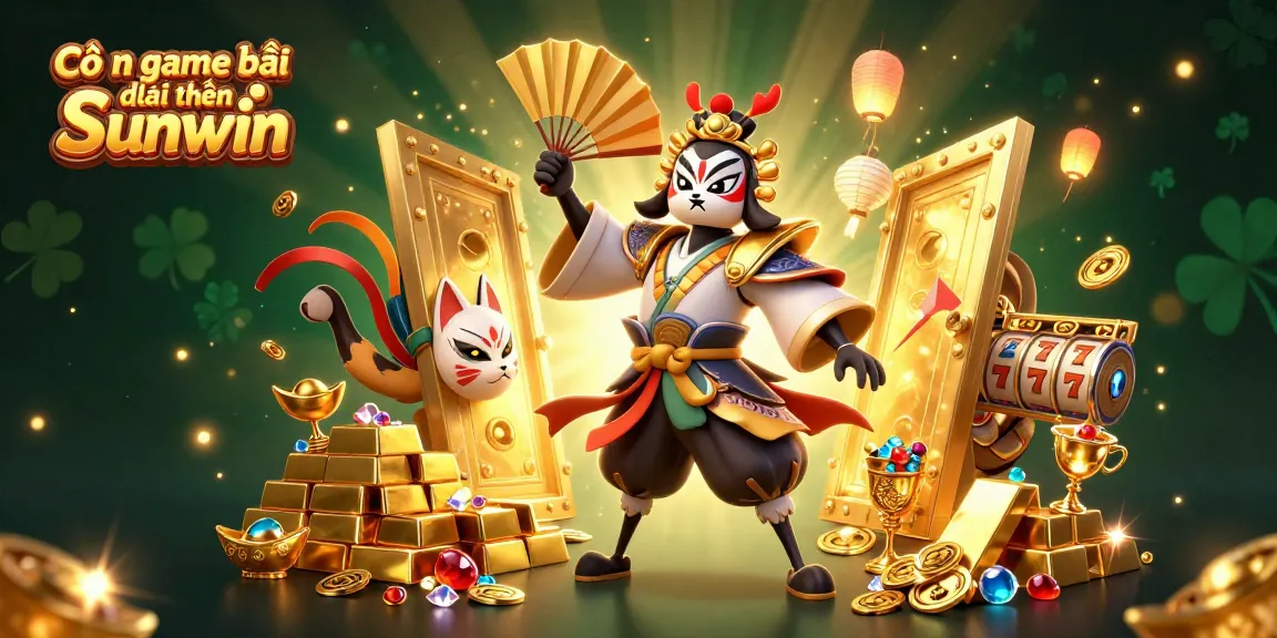Cổng game bài đổi thưởng Sunwin brings excitement with dynamic 3D illustration featuring warriors and casino treasures.