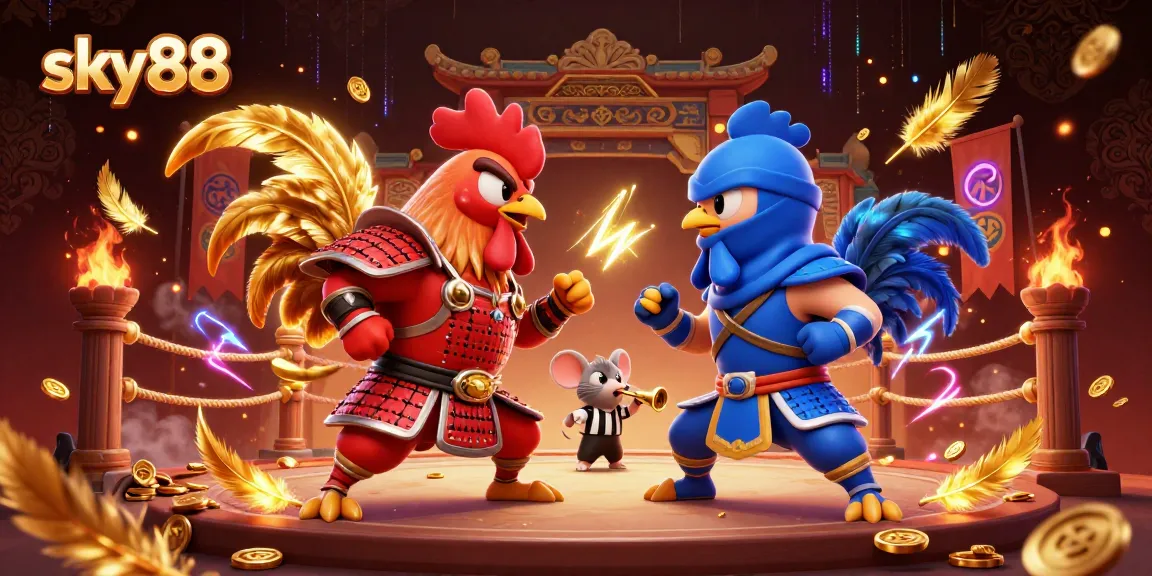 Engage in thrilling action at sky88 with dynamic roosters in an epic gambling arena scene.