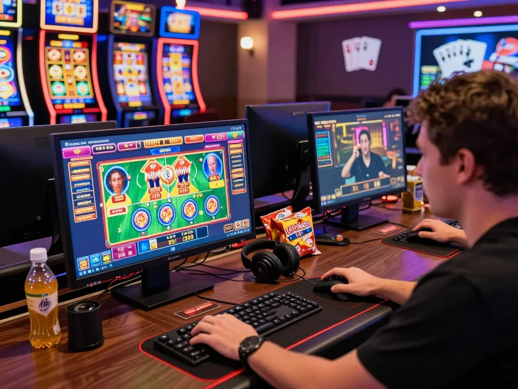 Player enjoying an MM88 online gaming session at a vibrant desktop setup with colorful game displays.
