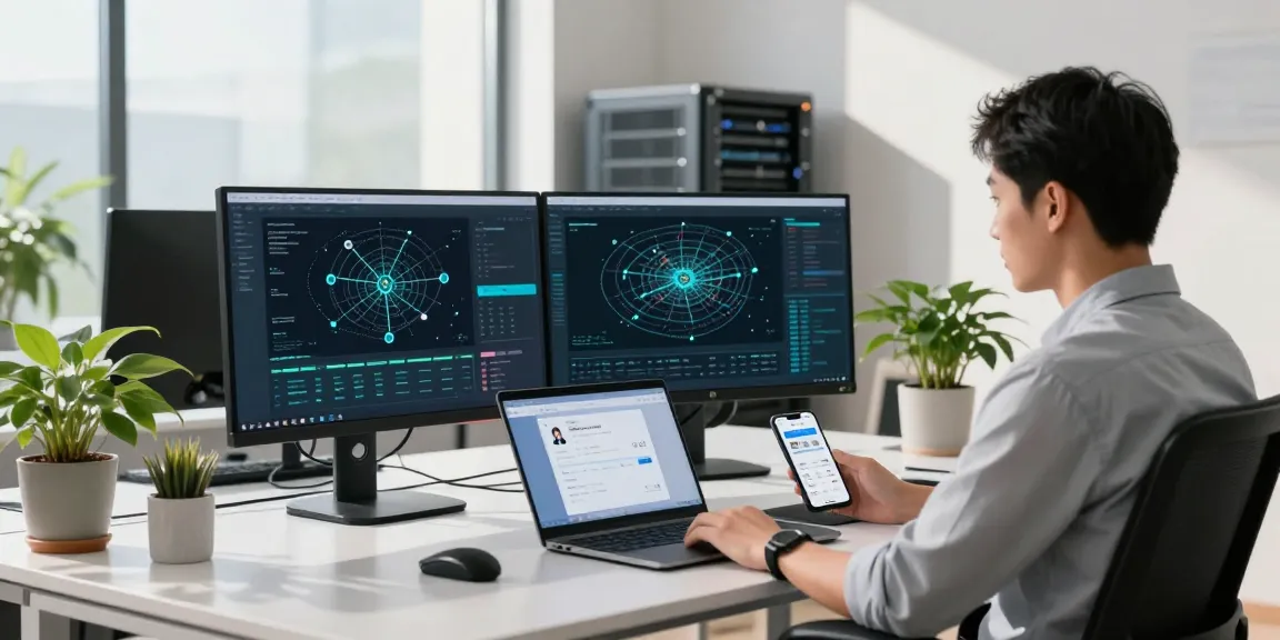 快连 application showcased on multiple monitors in a modern tech office, highlighting innovative network optimization.