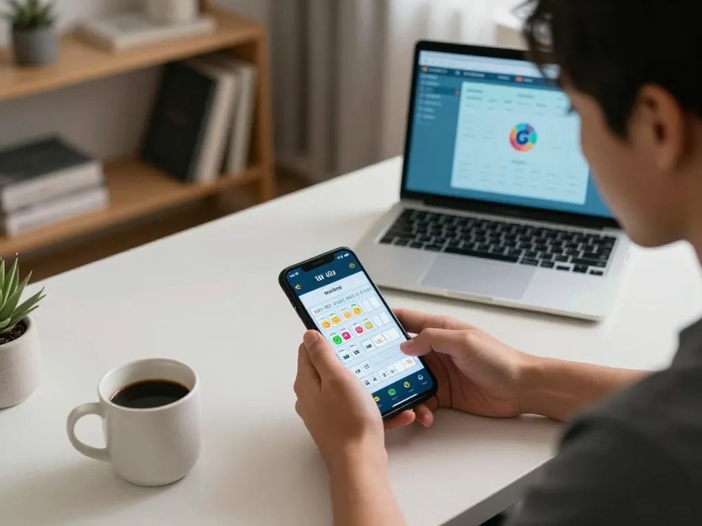 Playing app tài xỉu online on a smartphone in a modern home office, highlighting strategic engagement.