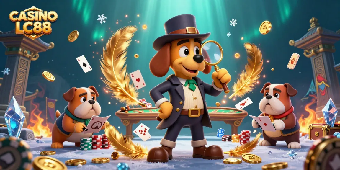 CASINO LC88 features a cartoon detective and companion exploring poker clues amidst vibrant casino elements.
