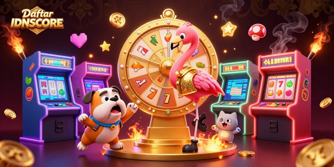 Engage with Daftar IDNSCORE in a vibrant digital gaming scene filled with slot reels and exciting prizes.
