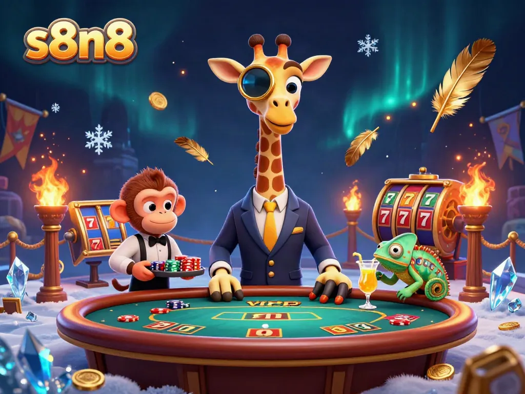 S8N8 high-roller giraffe expertly playing poker in a lavish casino scene with golden accents.