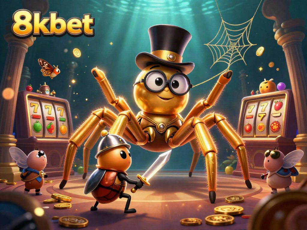 Experience the thrill of 8kbet with a giant golden tarantula and a brave knight in a vibrant casino scene.