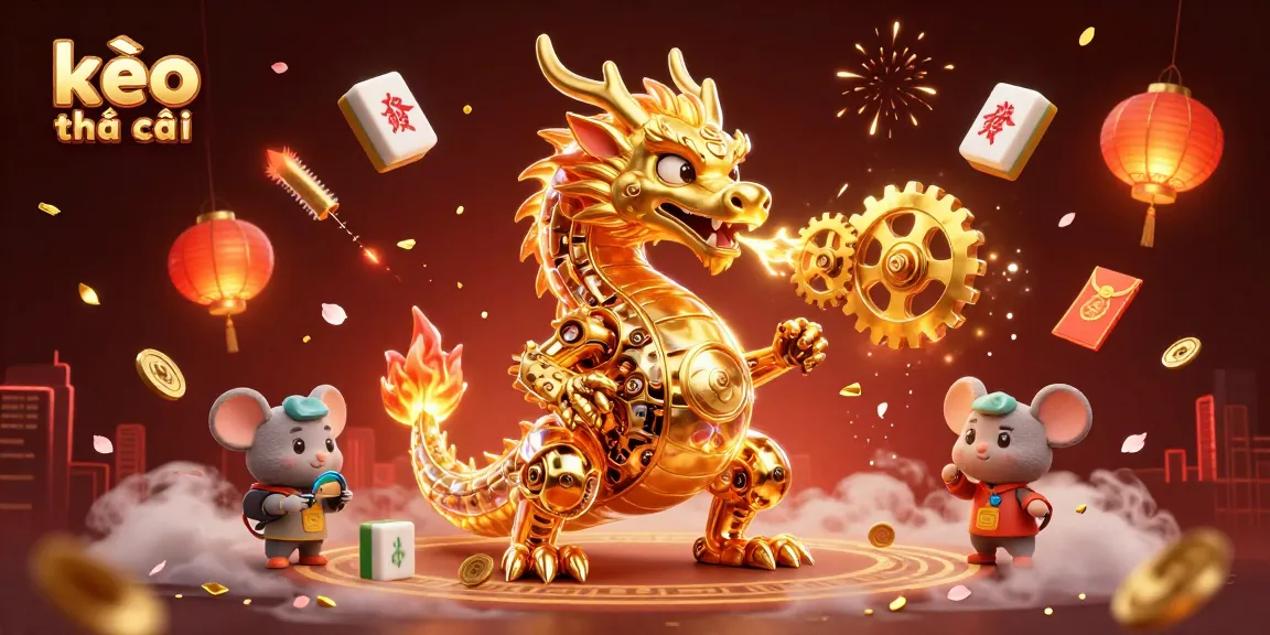 Engage with kèo nhà cái in this dynamic 3D scene featuring a golden dragon and floating casino elements.