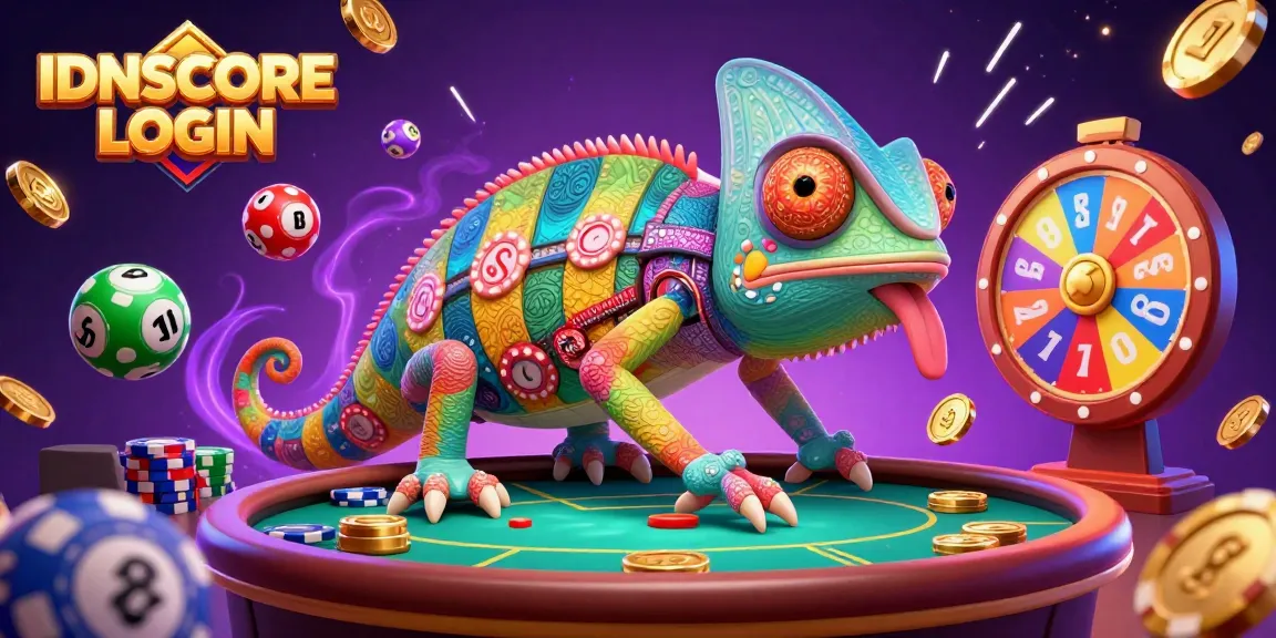 Experience excitement and rewards with IDNSCORE LOGIN in this vibrant casino-themed illustration.