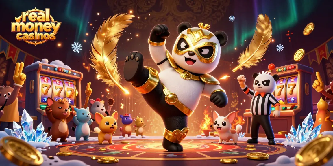 Exciting scene in a vibrant casino atmosphere showcasing real money casinos with playful characters.