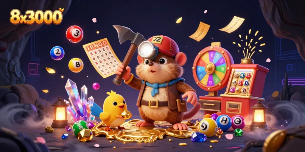 Experience the excitement of 8x3000 with vibrant bingo and lottery elements in this detailed casino scene.