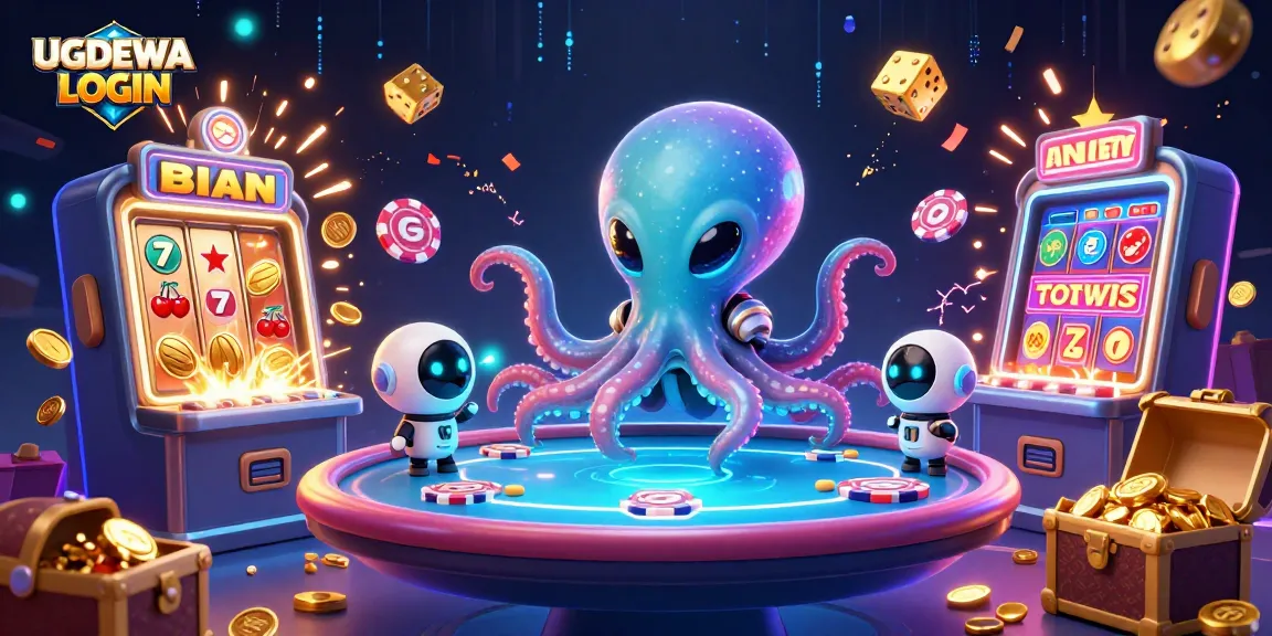 Engage in thrilling gameplay with UGDEWA LOGIN, featuring an alien octopus at a poker table in a vibrant casino scene.
