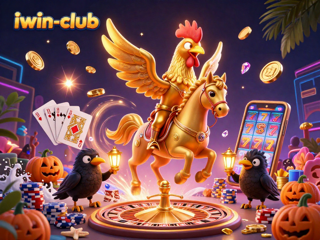 Experience the vibrant energy of iwin-club with a golden rooster at a casino, surrounded by lively game elements.