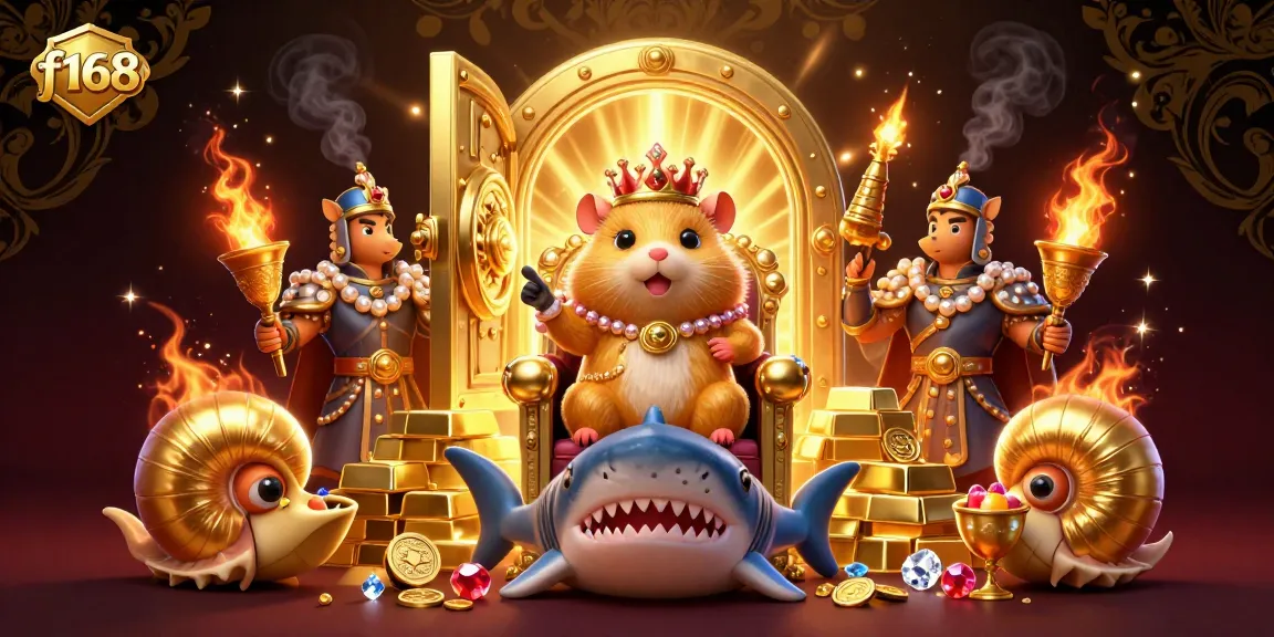 Experience the excitement of f168 with a golden hamster king on a megalodon throne, surrounded by treasure and royal seahorse guards.