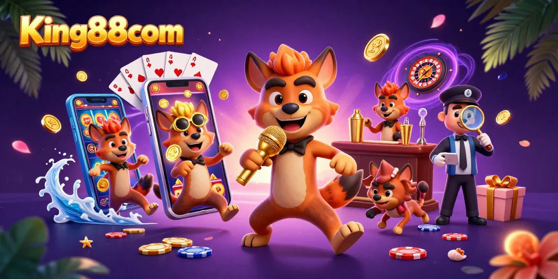 Engage with thrilling slot games at King88com, featuring vibrant 3D illustrations of hyenas in a lively casino.