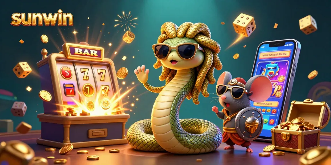 Experience thrill and fun with sunwin, showcasing a lively Medusa and warrior mouse in a vibrant casino scene.