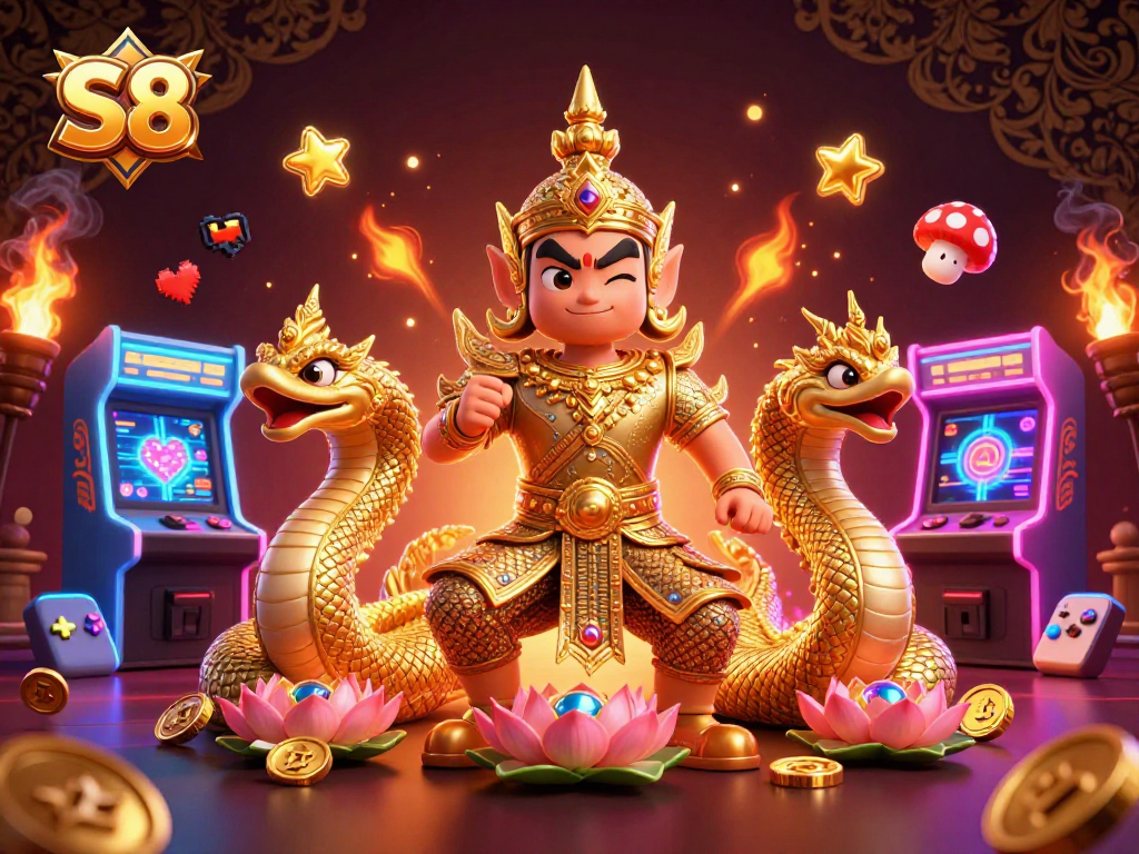 Engage with S8's vibrant casino world featuring dynamic characters and colorful game elements.
