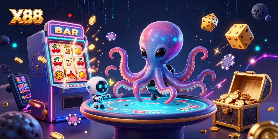 X88 captures an alien octopus playing poker with a robot while slot machines burst with coins.