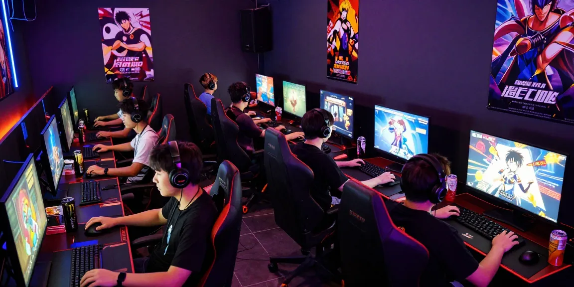 Engaged gamers playing ecchi simulator games in a vibrant gaming cafe with colorful LED lights.