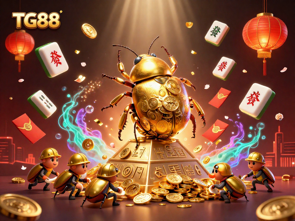 TG88's golden beetle navigating wealth in a vibrant casino scene packed with festive gambling elements.