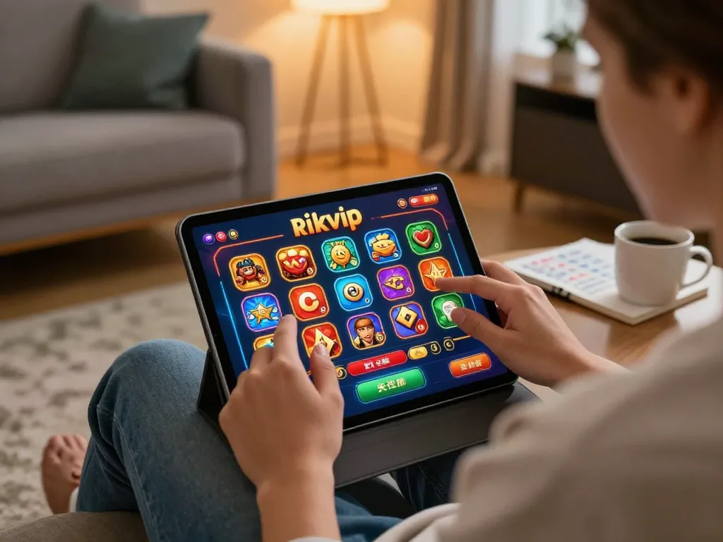 Player engaging with rikvip online casino on tablet while managing bankroll with strategies.