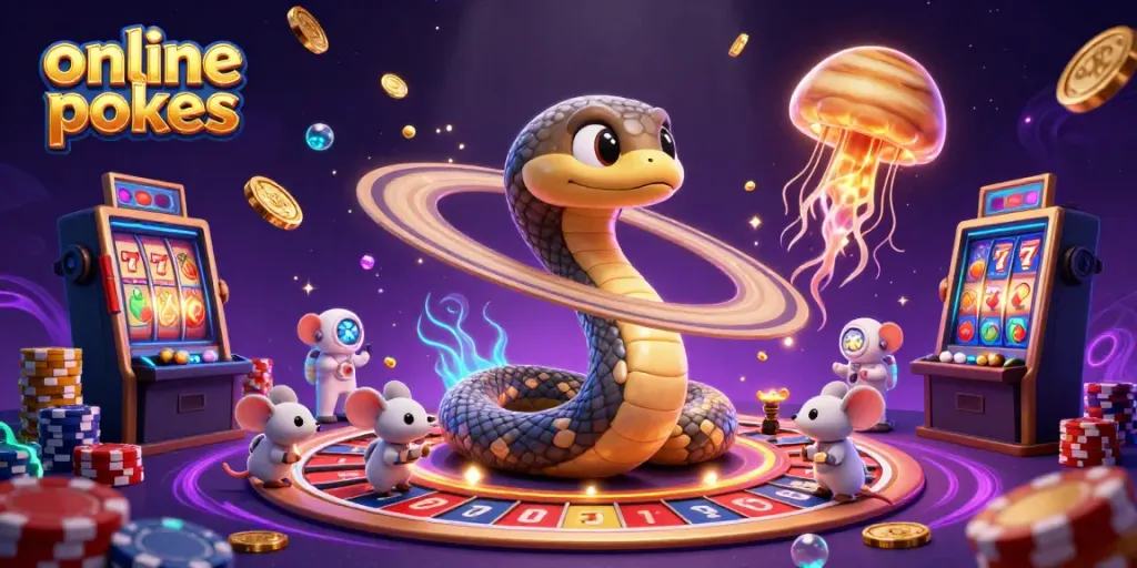 Experience thrilling online pokies with our vibrant cosmic scene showcasing a roulette wheel, astronauts, and gold coins.
