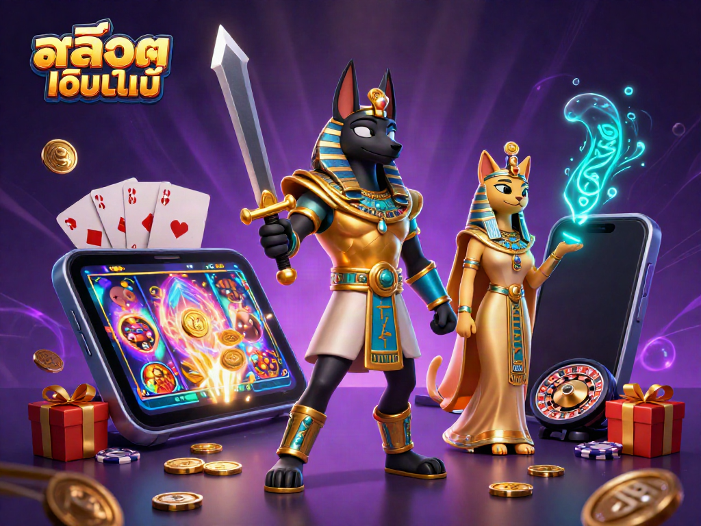 Experience thrilling สล็อตออนไลน์ action with Anubis and Bastet amidst glowing slot game elements.