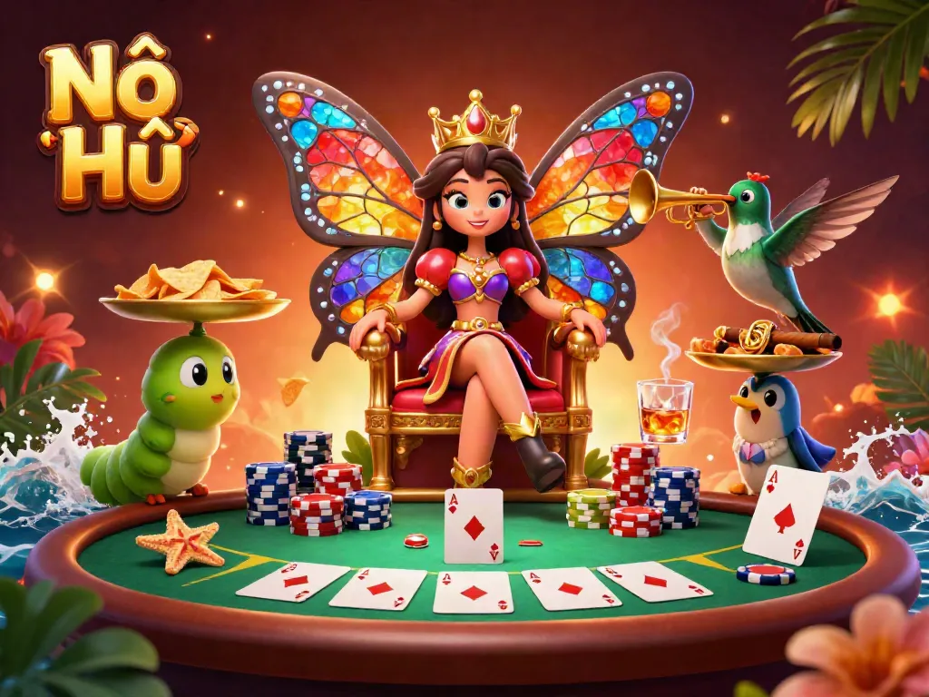 Experience the excitement of Nổ Hũ with a vibrant 3D casino scene brimming with colors and dynamic elements.