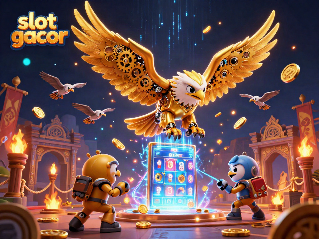 Experience the thrill of slot gacor with a vibrant 3D illustration of a golden eagle diving through holographic slot reels.