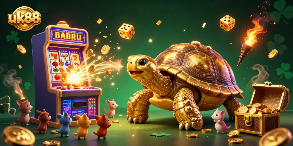Engage in thrilling gameplay at uk88, where a vibrant casino scene bursts with energy, featuring a pinball tortoise and jackpot excitement.