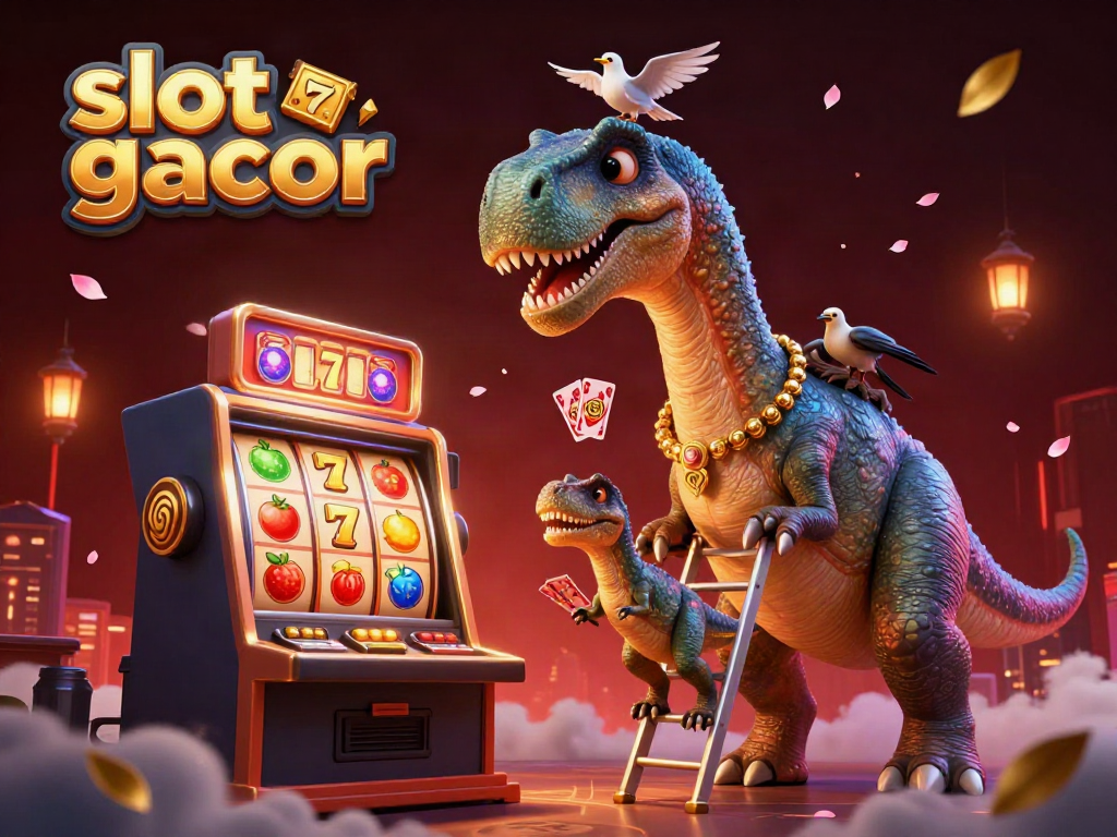 Engaging illustration of a brontosaurus at a casino with slot gacor themes.