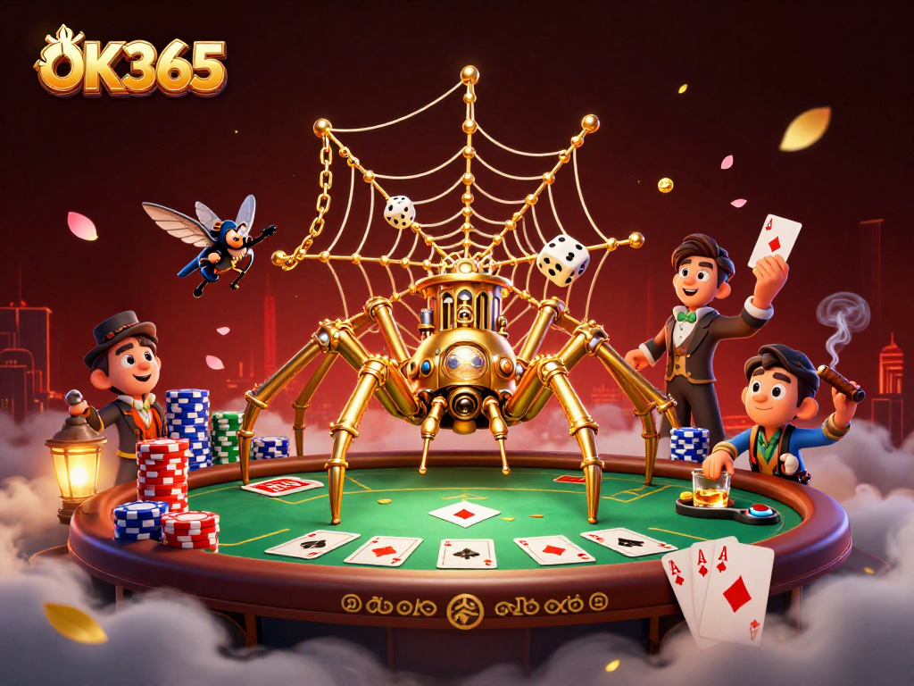 Capture the excitement of OK365 with a steampunk spider ensnaring dice in a lavish casino scene.