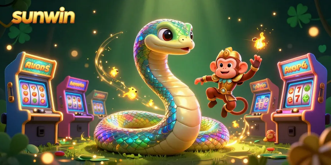 Experience the thrilling slots at sunwin with a vibrant 3D cartoon illustration featuring a playful monkey and rainbow serpent.