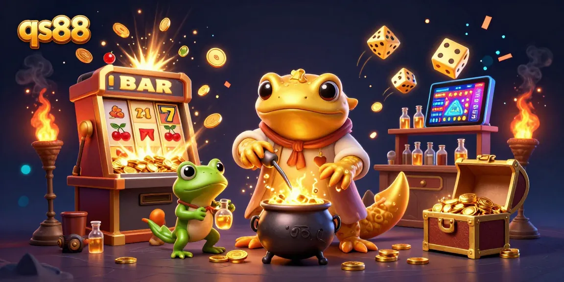 qs88's frogs and salamanders conjuring gold coins and jackpots in a vibrant medieval lab