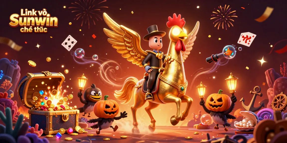 Engage with Link vào Sunwin chính thức in this vibrant 3D casino scene featuring a golden rooster and treasure elements.