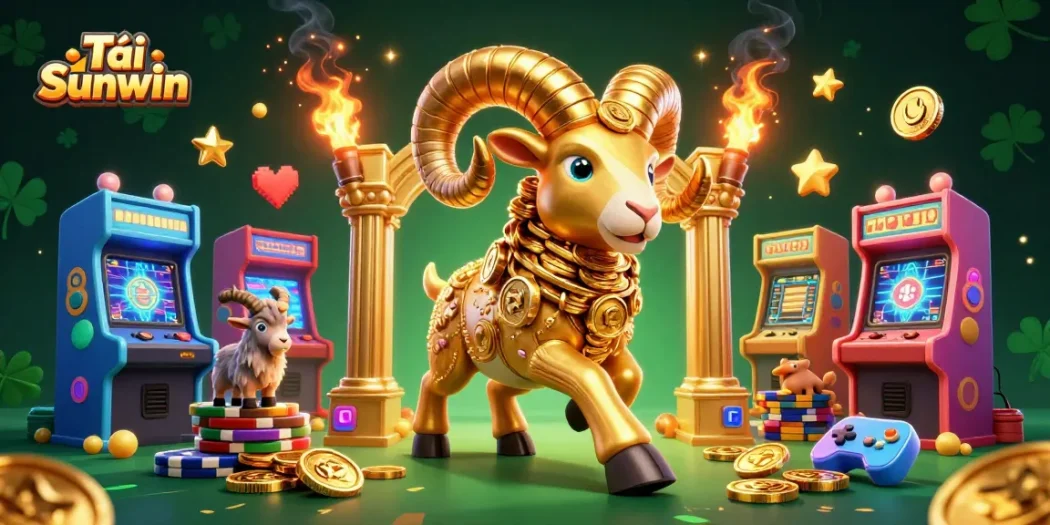 Tải Sunwin features a stunning 3D illustration showcasing golden game elements and vibrant arcade aesthetics.
