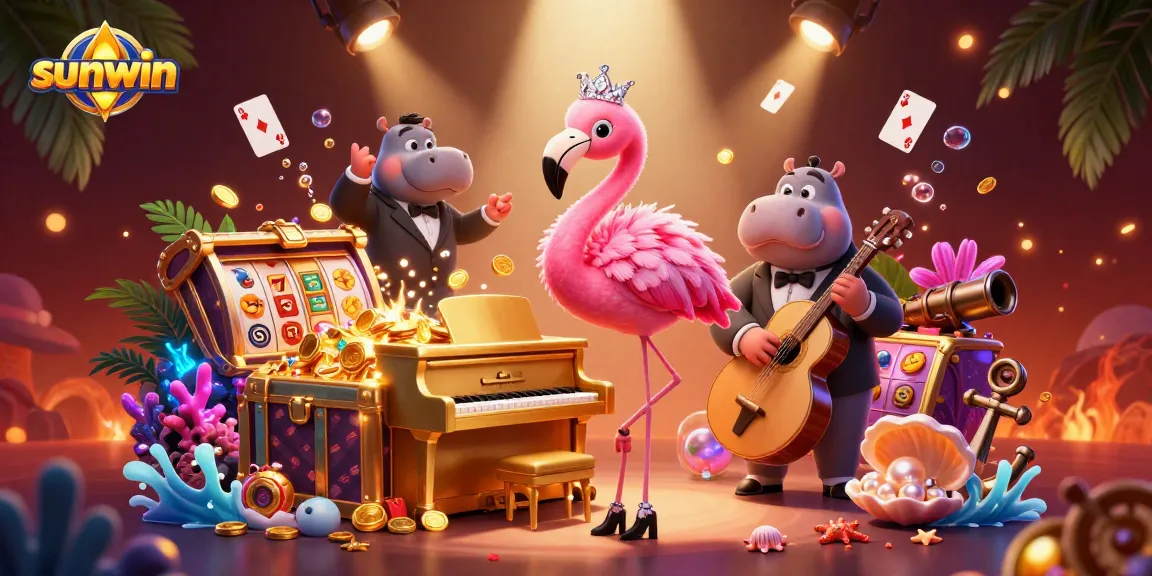 Experience sunwin with a vibrant casino scene featuring a flamingo singer, hippo bassist, and exciting slot elements.