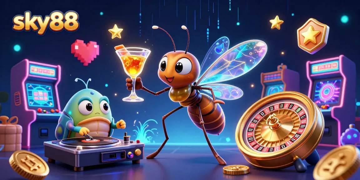 Engage in thrilling gameplay with sky88's cartoon mascot as he holds a golden cocktail amidst dazzling casino elements.